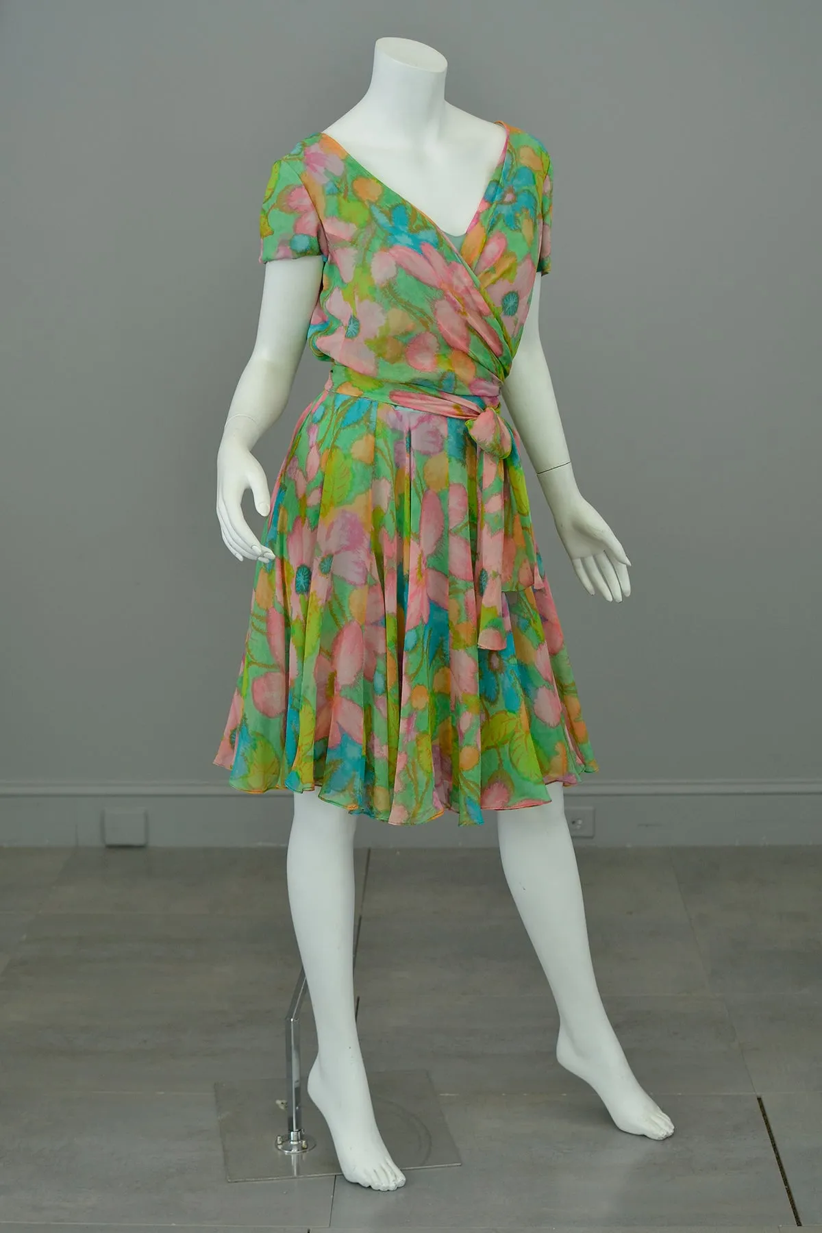 1960s Watercolor Floral Print Draping Wrap Front Dress | Garden Party Dress | TLC Hot Mess