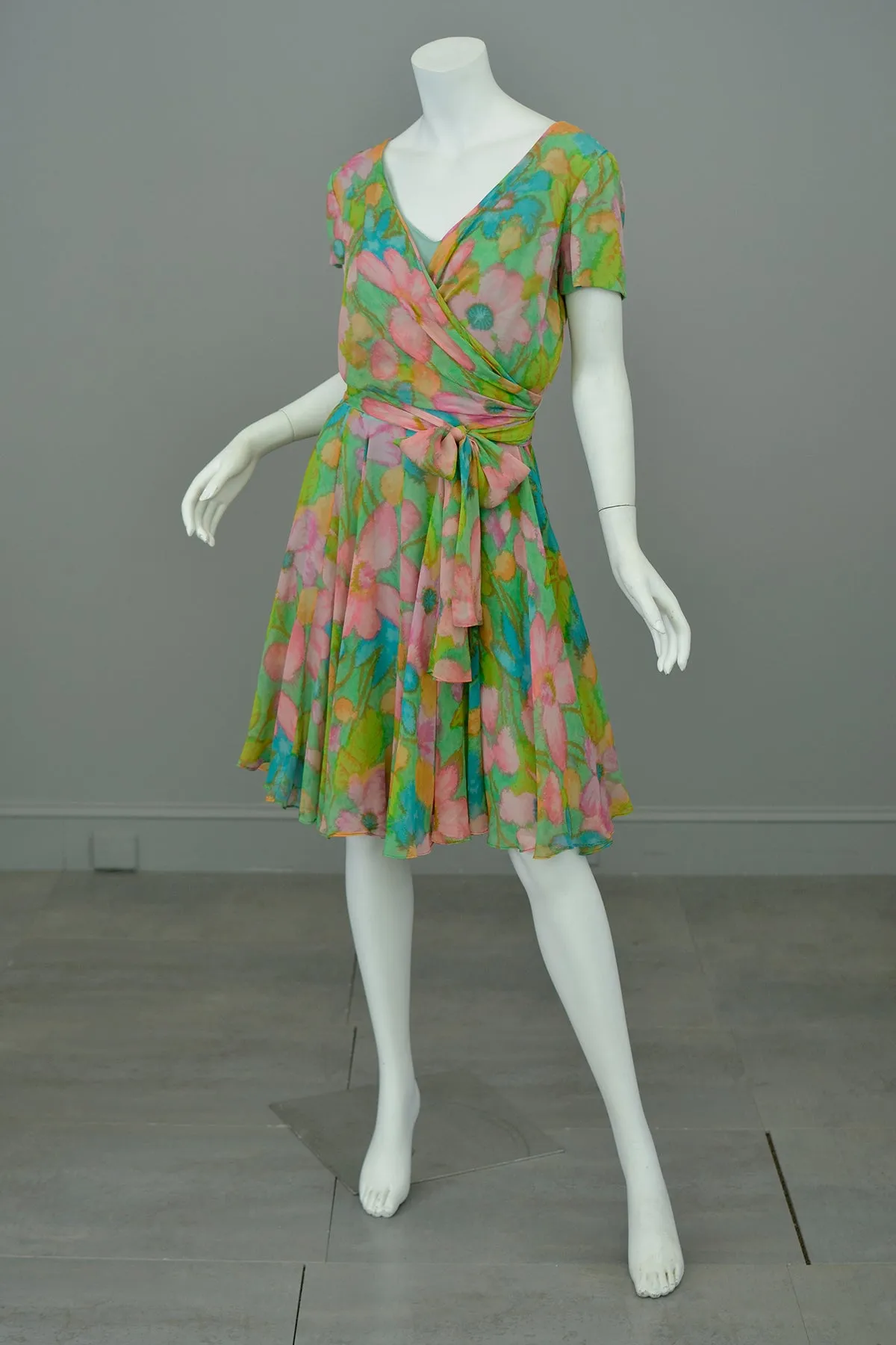 1960s Watercolor Floral Print Draping Wrap Front Dress | Garden Party Dress | TLC Hot Mess