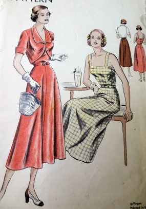 40s LOVELY Sun Dress Bolero Jacket Pattern VOGUE 6467 Camisole Top,Button Back Flared Skirt Dress Fitted Jacket With Cutaway Fro