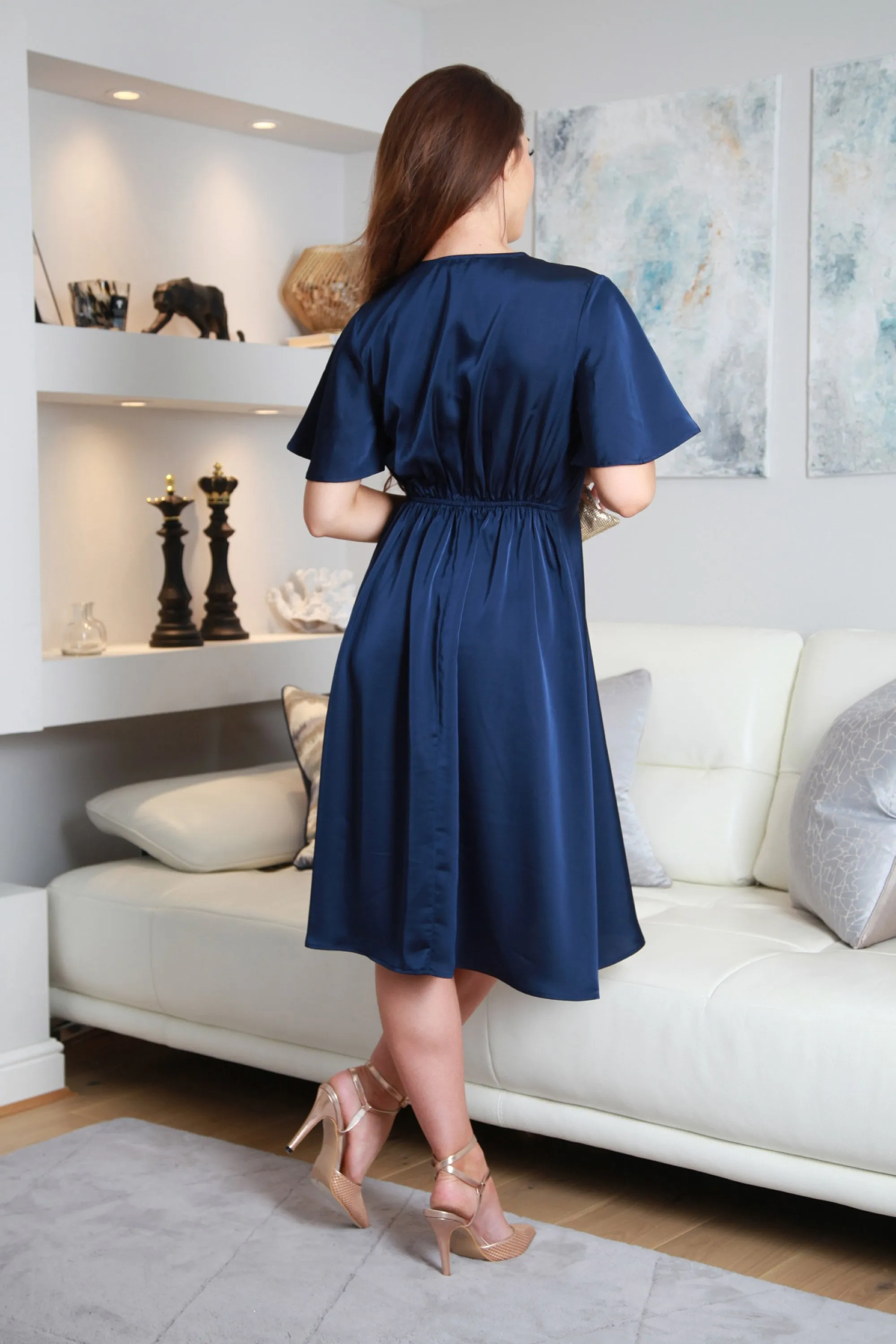 A-Line Satin Wrap Dress with Tea Sleeves