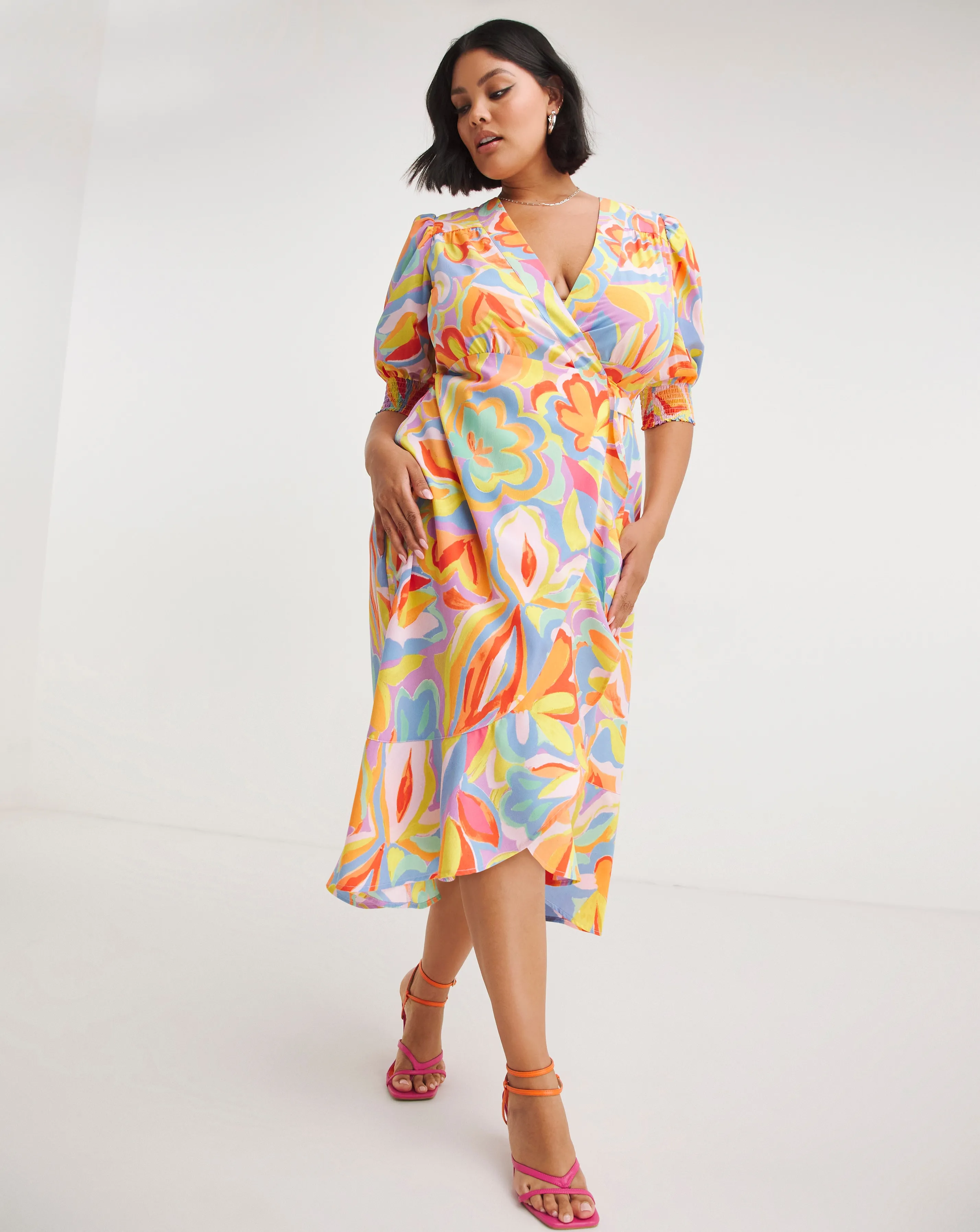 Abstract Print Ruffle Front Wrap Midi Dress | Simply Be