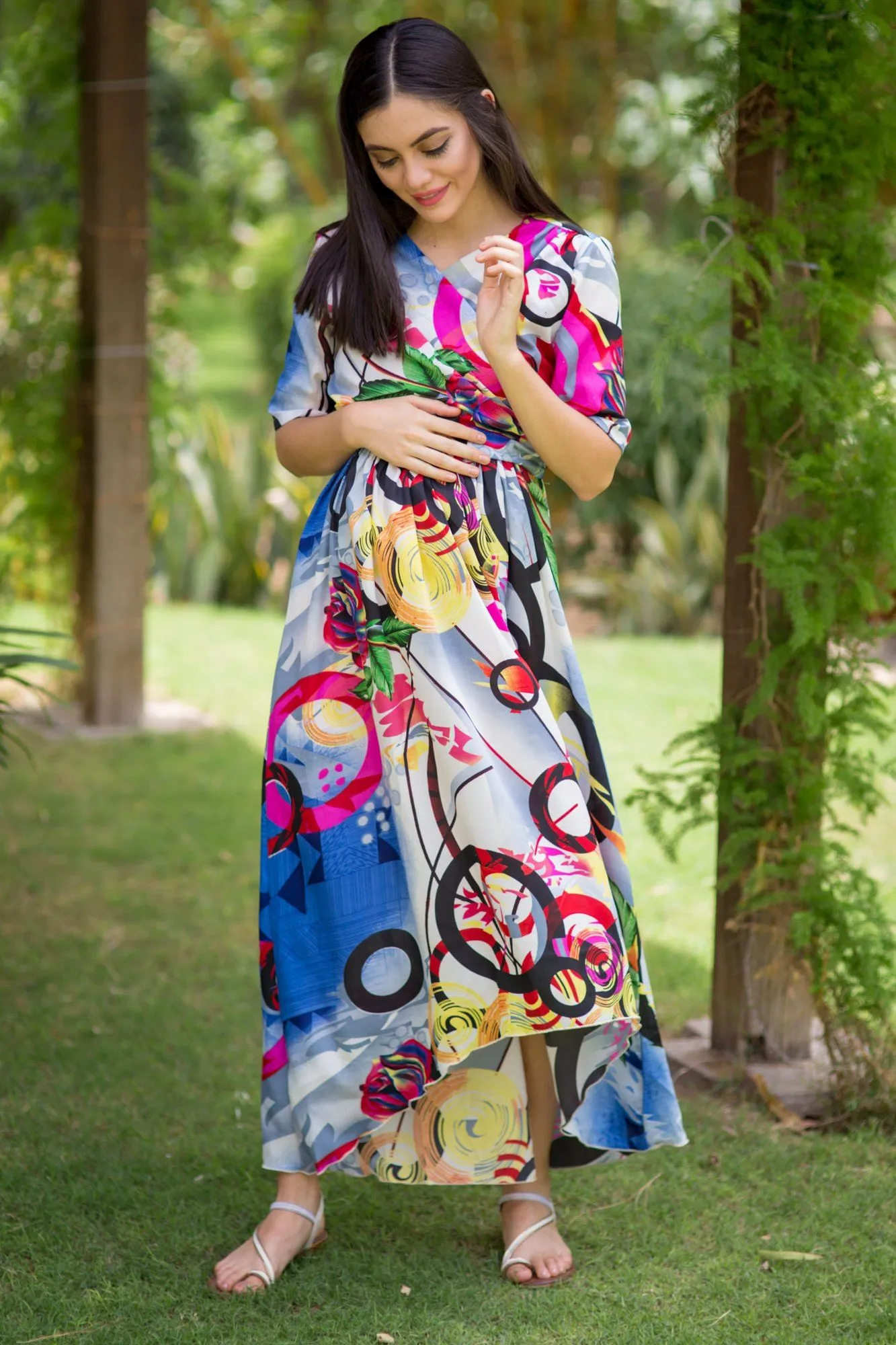 Abstract Printed High-Low Maternity & Nursing Wrap Dress