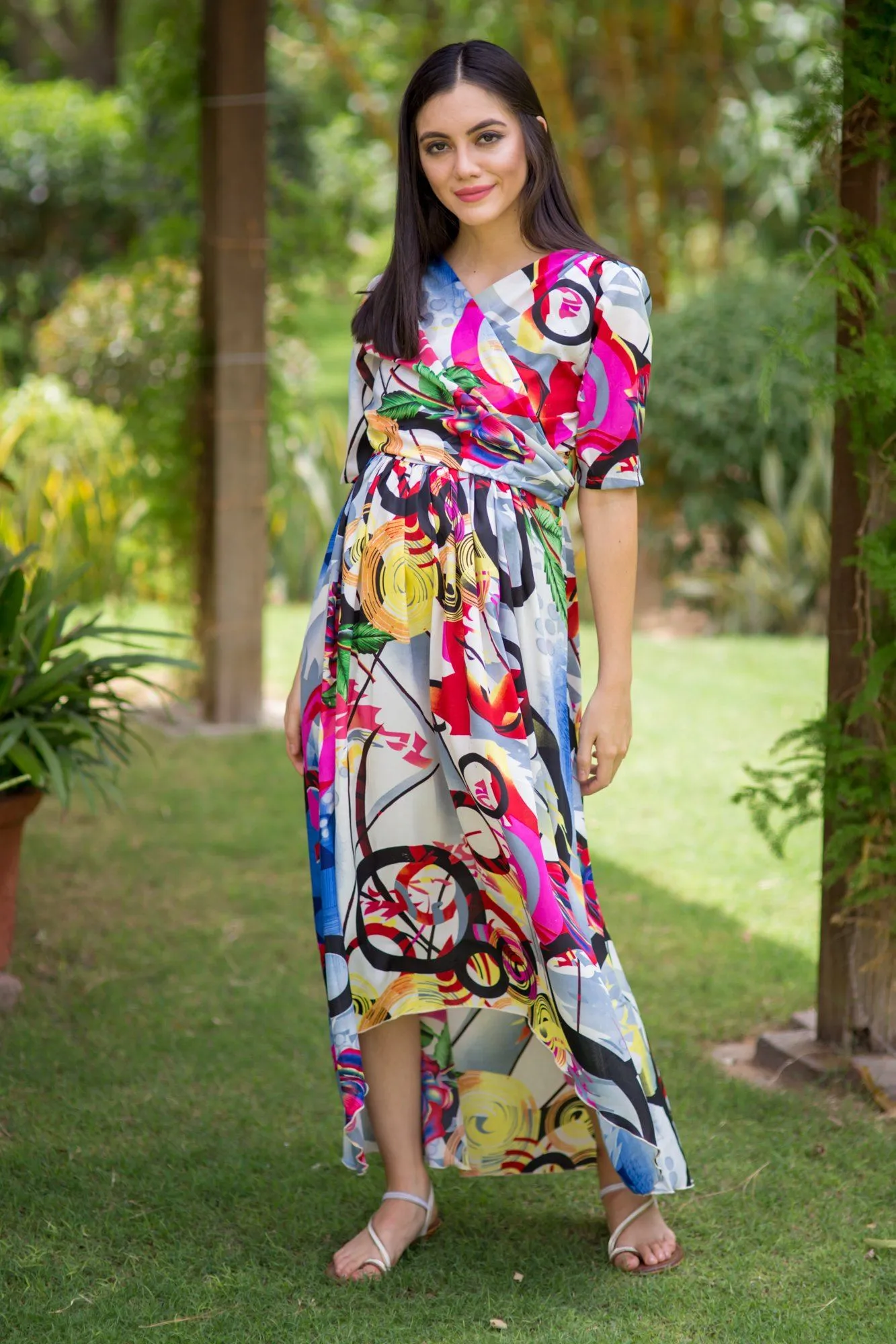 Abstract Printed High-Low Maternity & Nursing Wrap Dress