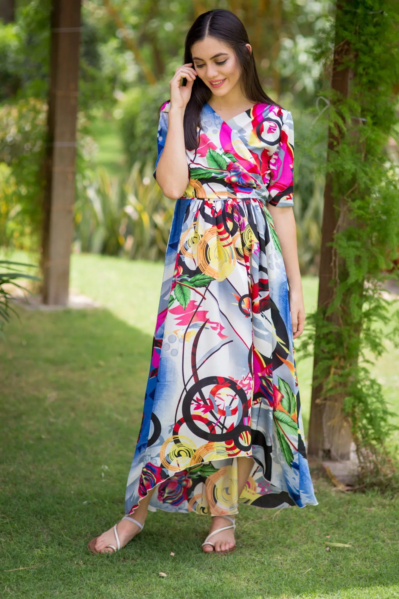 Abstract Printed High-Low Maternity & Nursing Wrap Dress