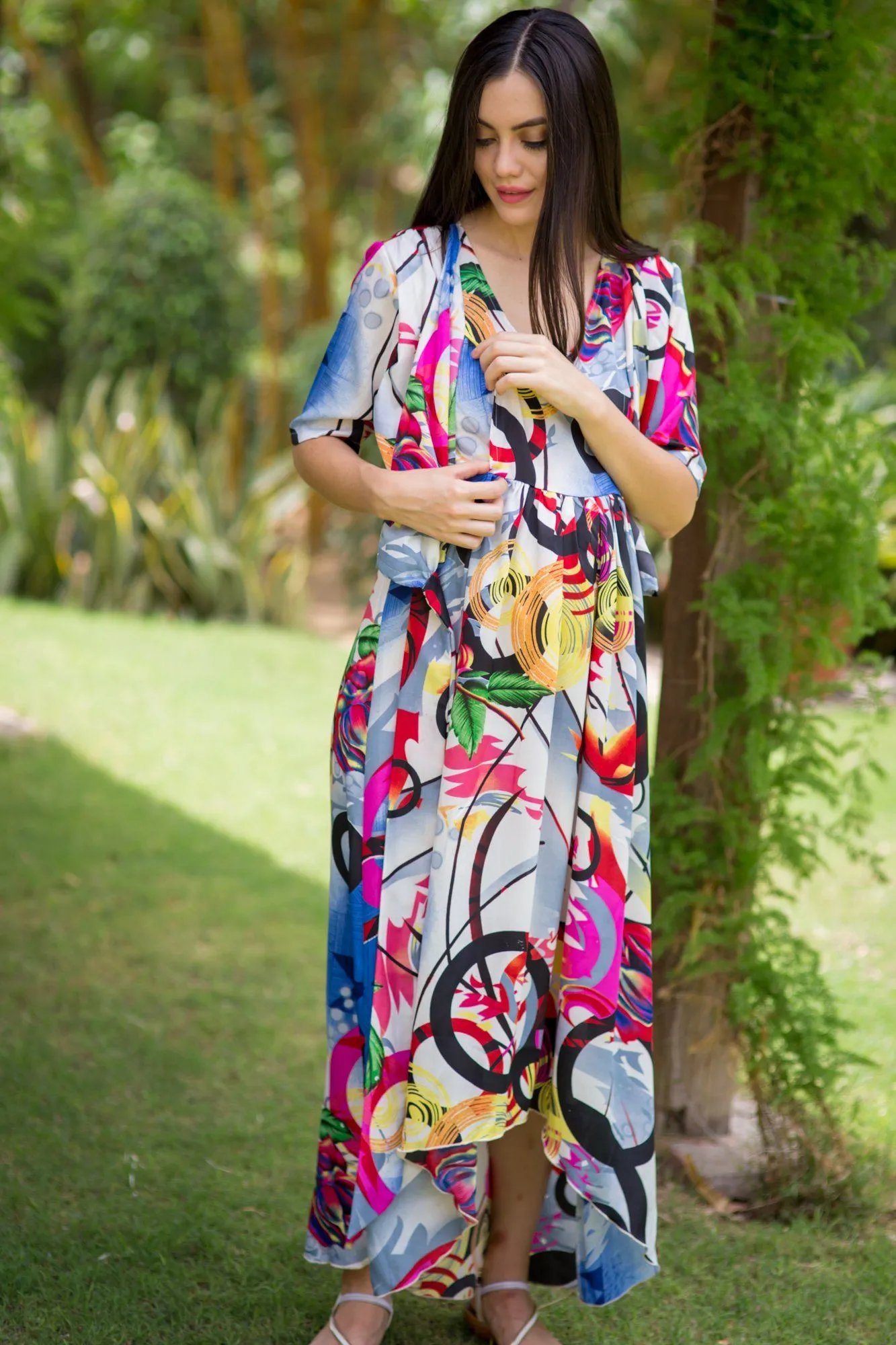 Abstract Printed High-Low Maternity & Nursing Wrap Dress