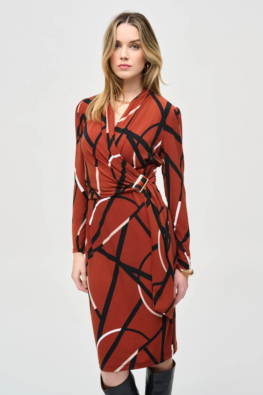 Abstract Wrap Midi Dress Style 243319