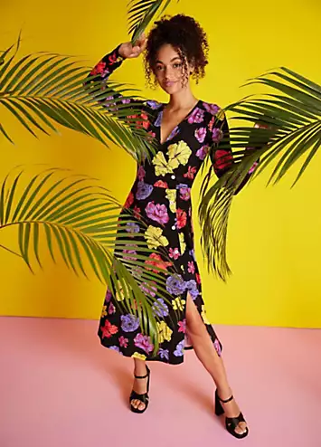 Aniston Floral Print Long Sleeve Wrap Midi Dress | Kaleidoscope