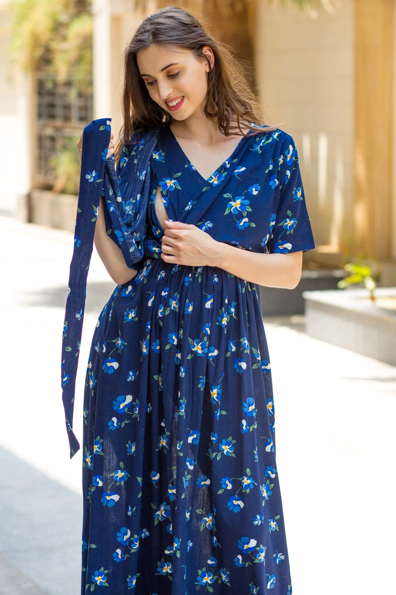 Azure Blue Maternity & Nursing Wrap Dress