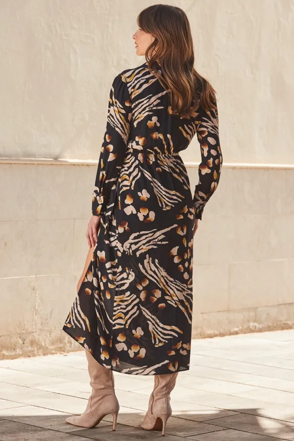 Black Abstract Animal Print Wrap Midi Dress