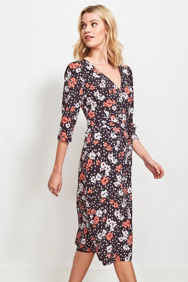 Black & Pink Floral Print Wrap Dress