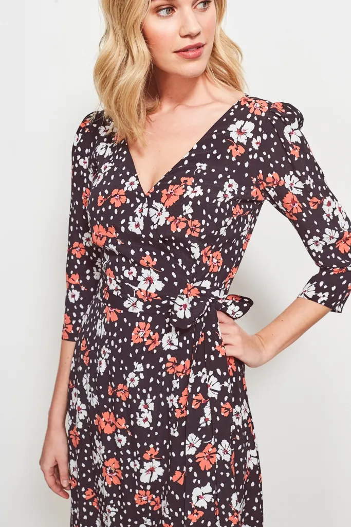 Black & Pink Floral Print Wrap Dress