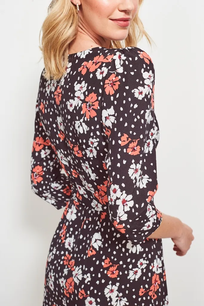 Black & Pink Floral Print Wrap Dress