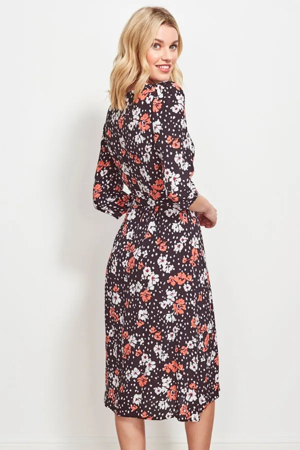 Black & Pink Floral Print Wrap Dress