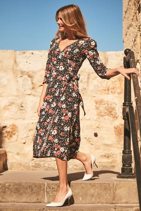 Black & Pink Floral Print Wrap Dress