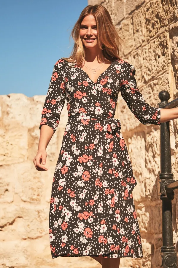 Black & Pink Floral Print Wrap Dress