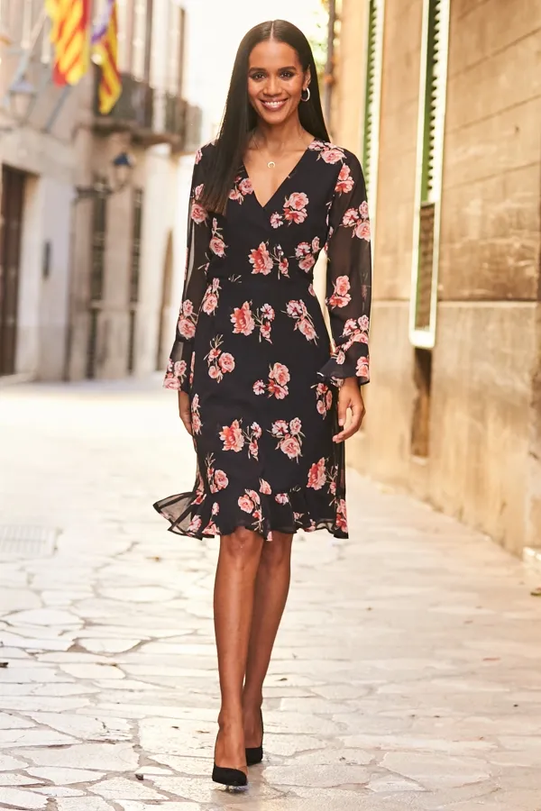 Black & Pink Floral Print Wrap Front Dress