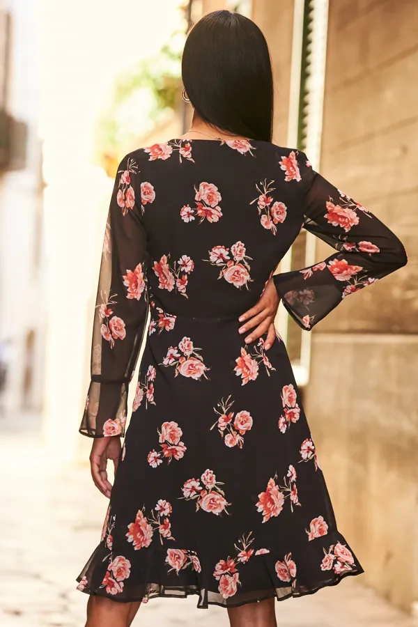 Black & Pink Floral Print Wrap Front Dress