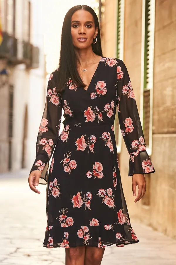 Black & Pink Floral Print Wrap Front Dress