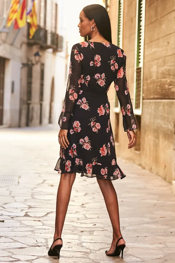 Black & Pink Floral Print Wrap Front Dress