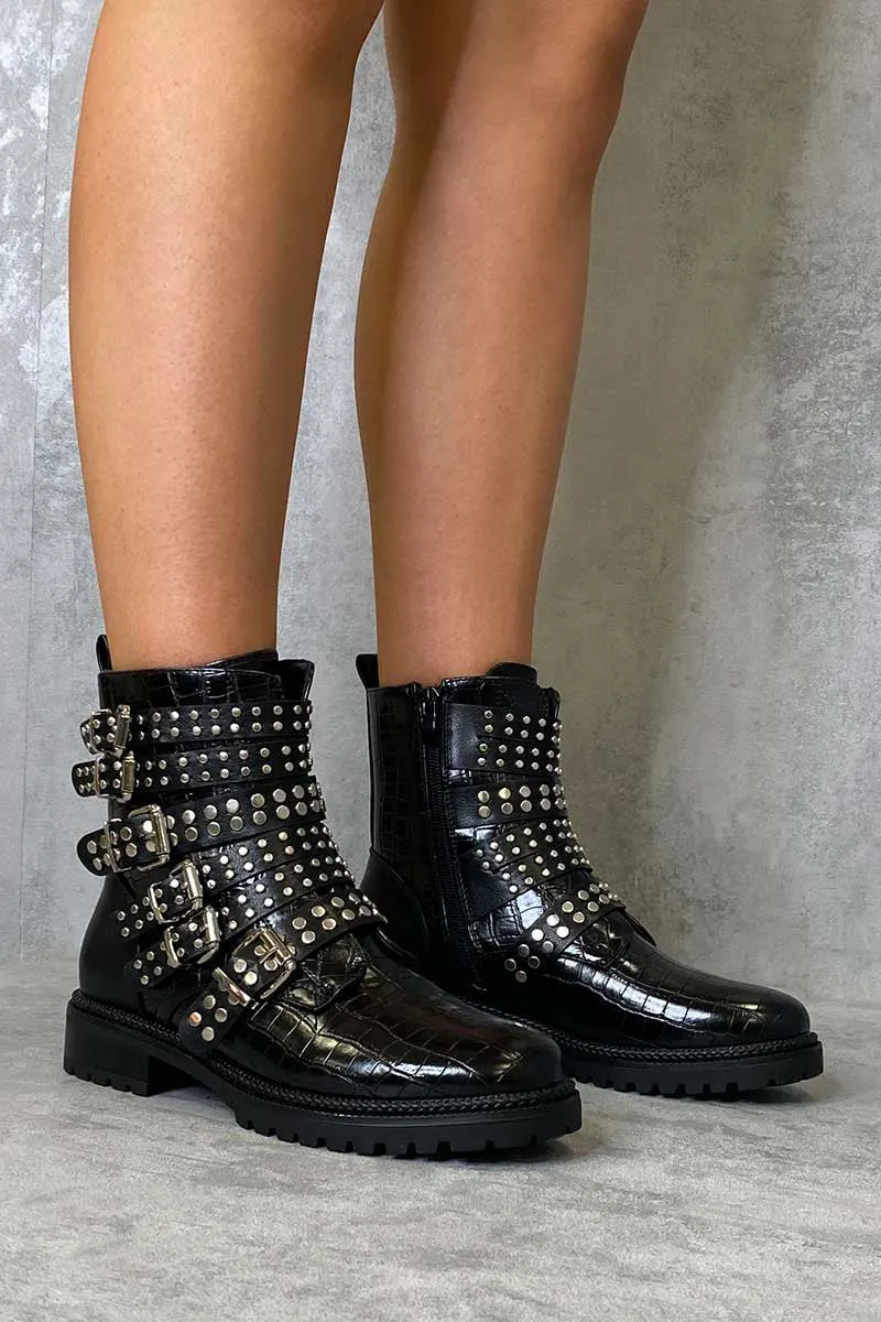 Black Croc Multi Buckle Ankle Boot - Whitley