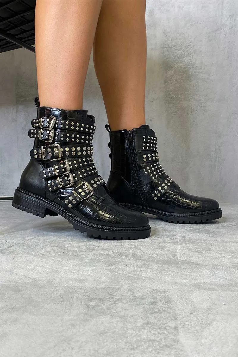 Black Croc Multi Buckle Ankle Boot - Whitley