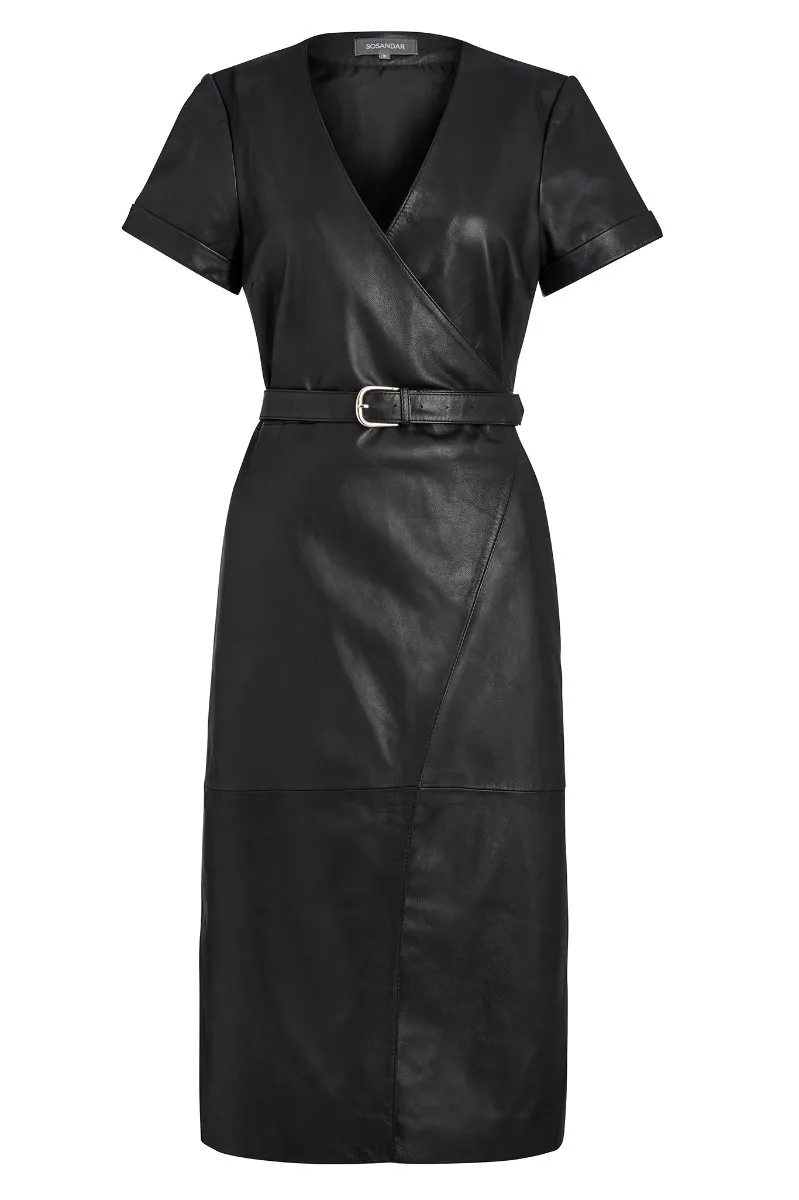 Black Luxury Leather Belted Wrap Dress