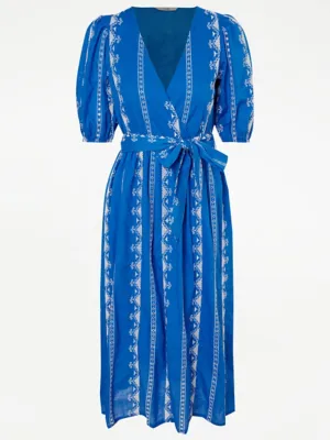 Blue Embroidered Wrap Belted Midi Dress | Women | George at ASDA