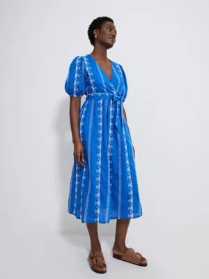 Blue Embroidered Wrap Belted Midi Dress | Women | George at ASDA