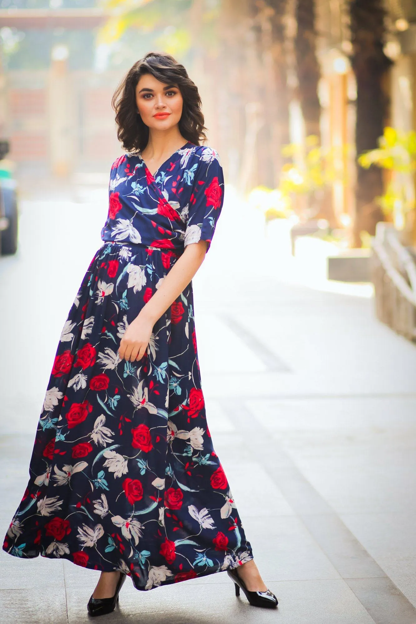 Blue Red Floral Maternity & Nursing Wrap Dress