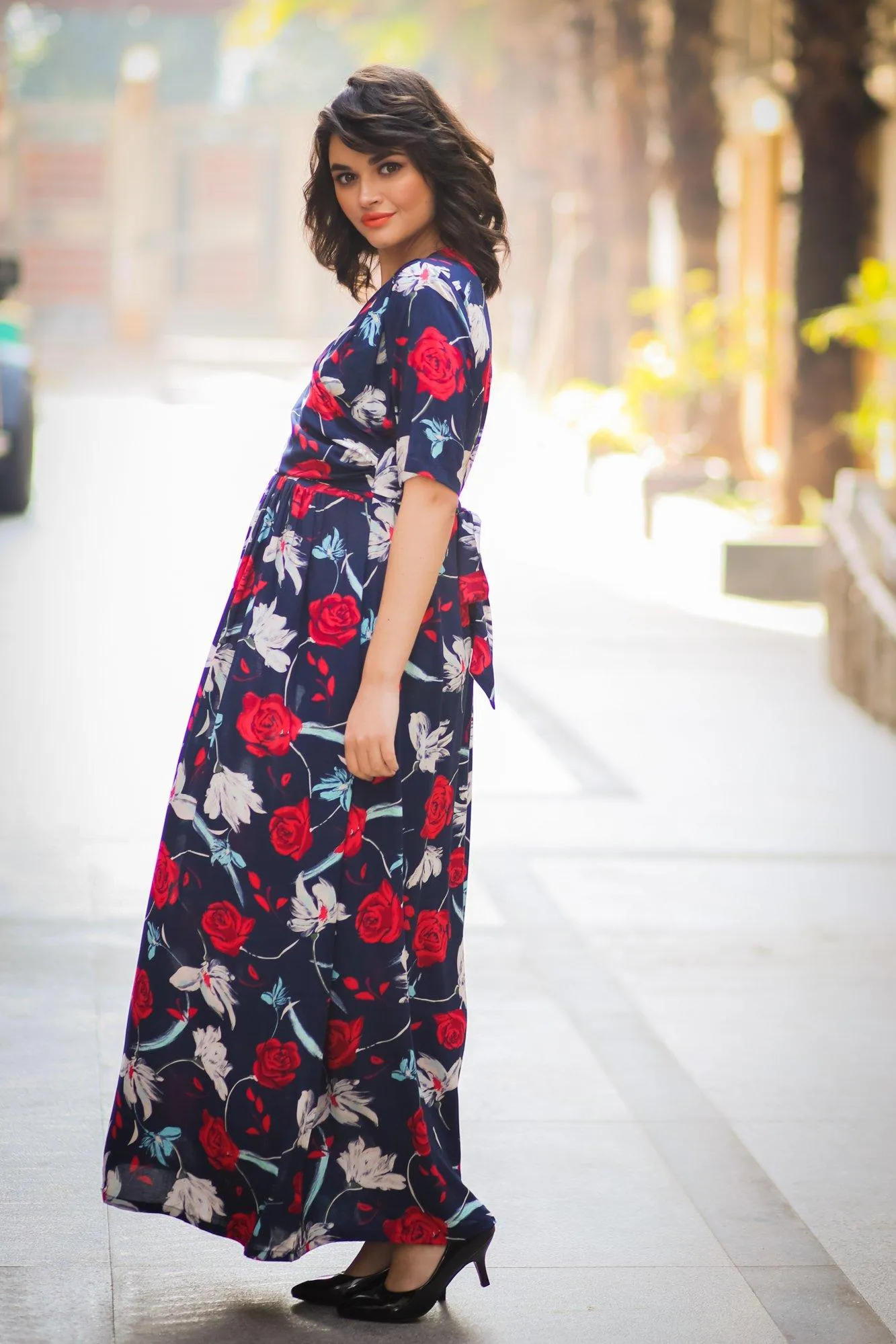 Blue Red Floral Maternity & Nursing Wrap Dress