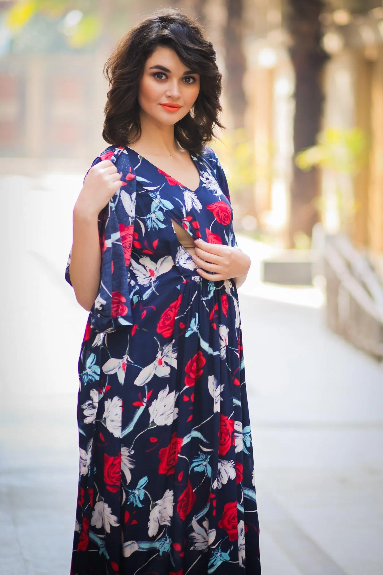 Blue Red Floral Maternity & Nursing Wrap Dress