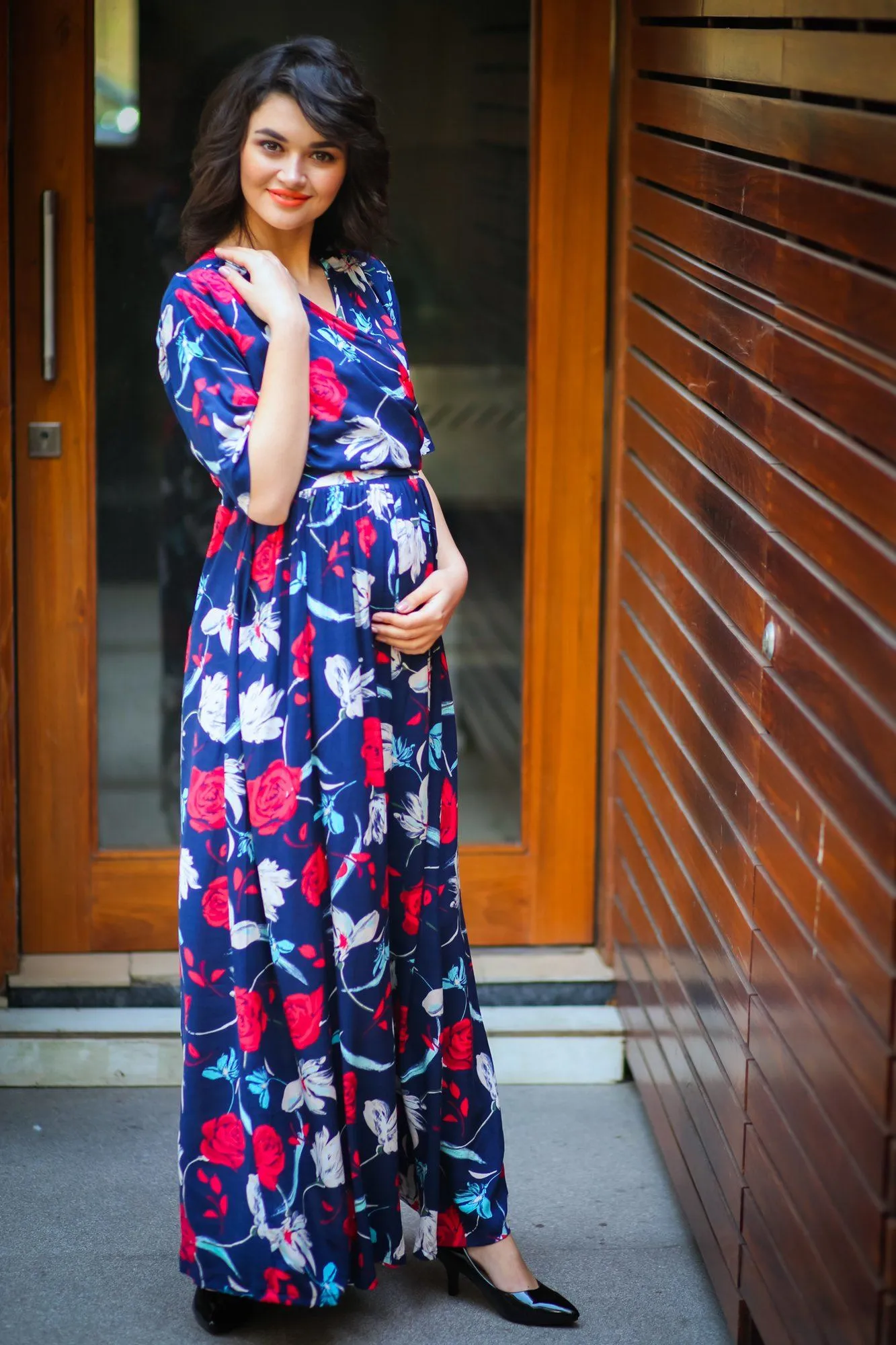 Blue Red Floral Maternity & Nursing Wrap Dress