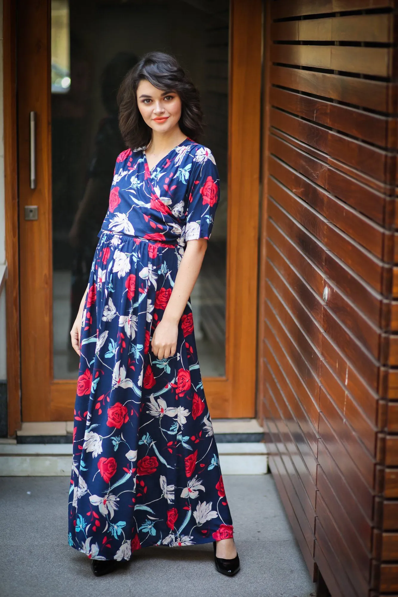 Blue Red Floral Maternity & Nursing Wrap Dress