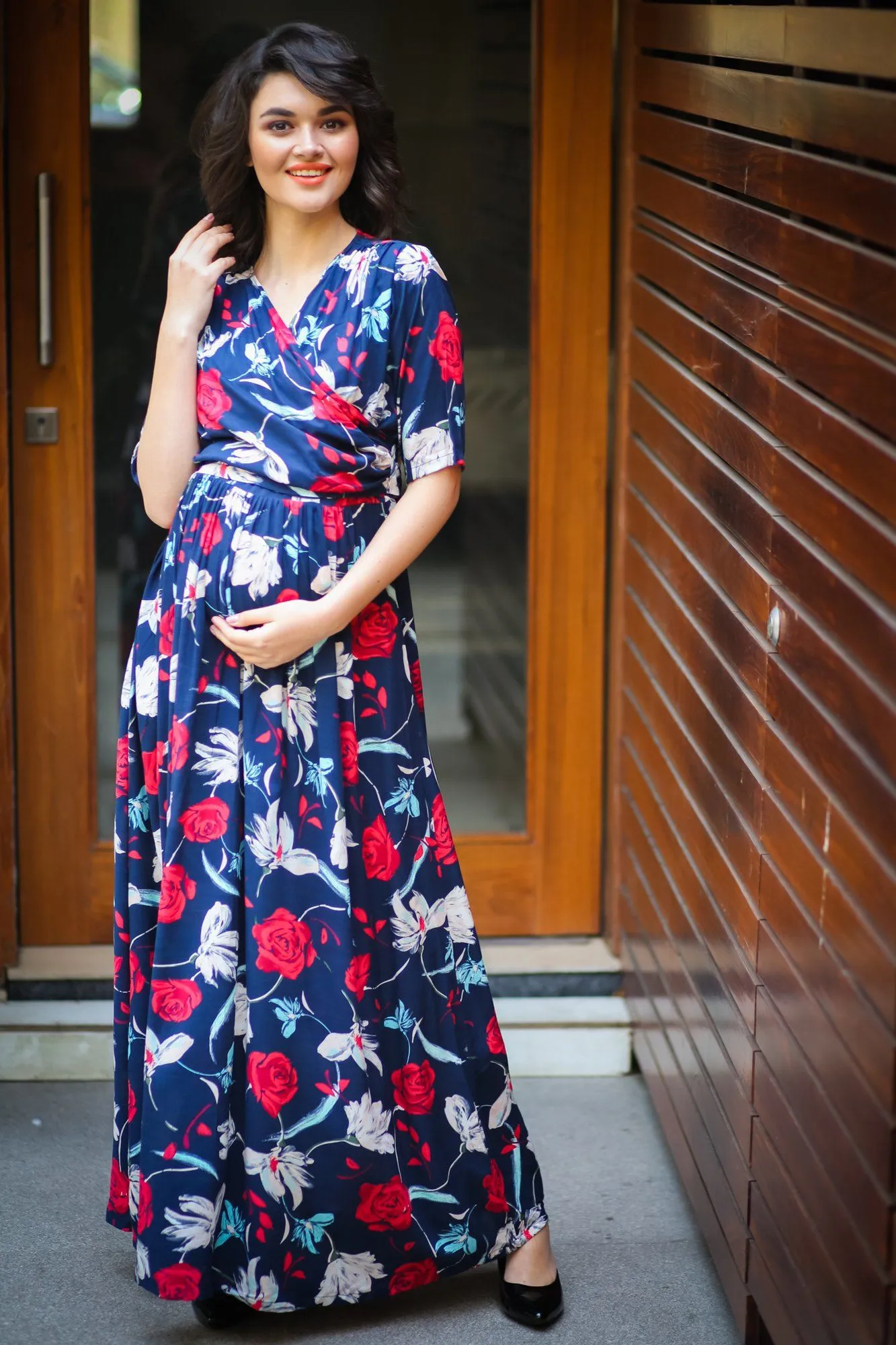 Blue Red Floral Maternity & Nursing Wrap Dress