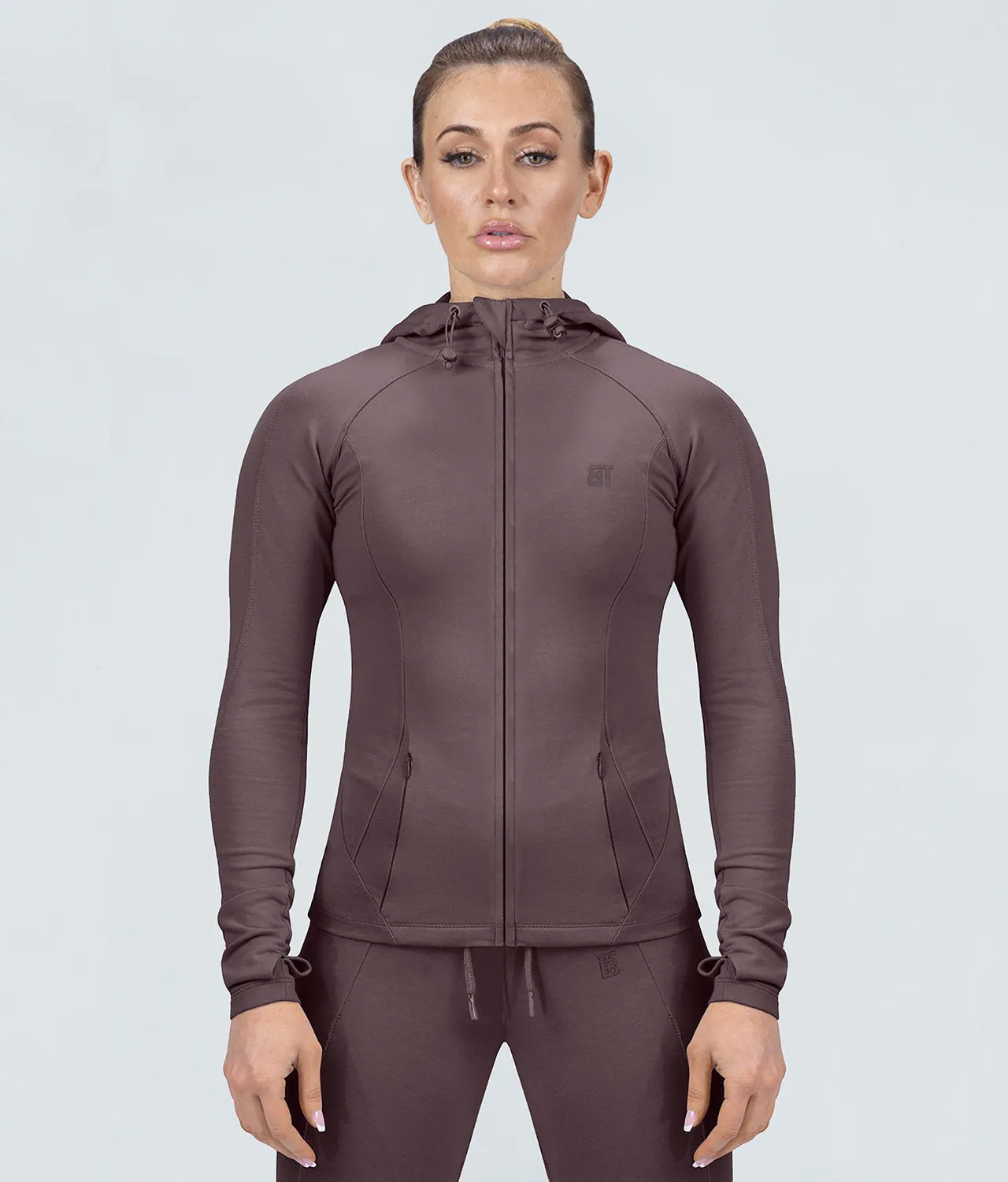 Born Tough Contoured Ash Brown Sleeve Loops Running Tracksuit Hoodie for Women