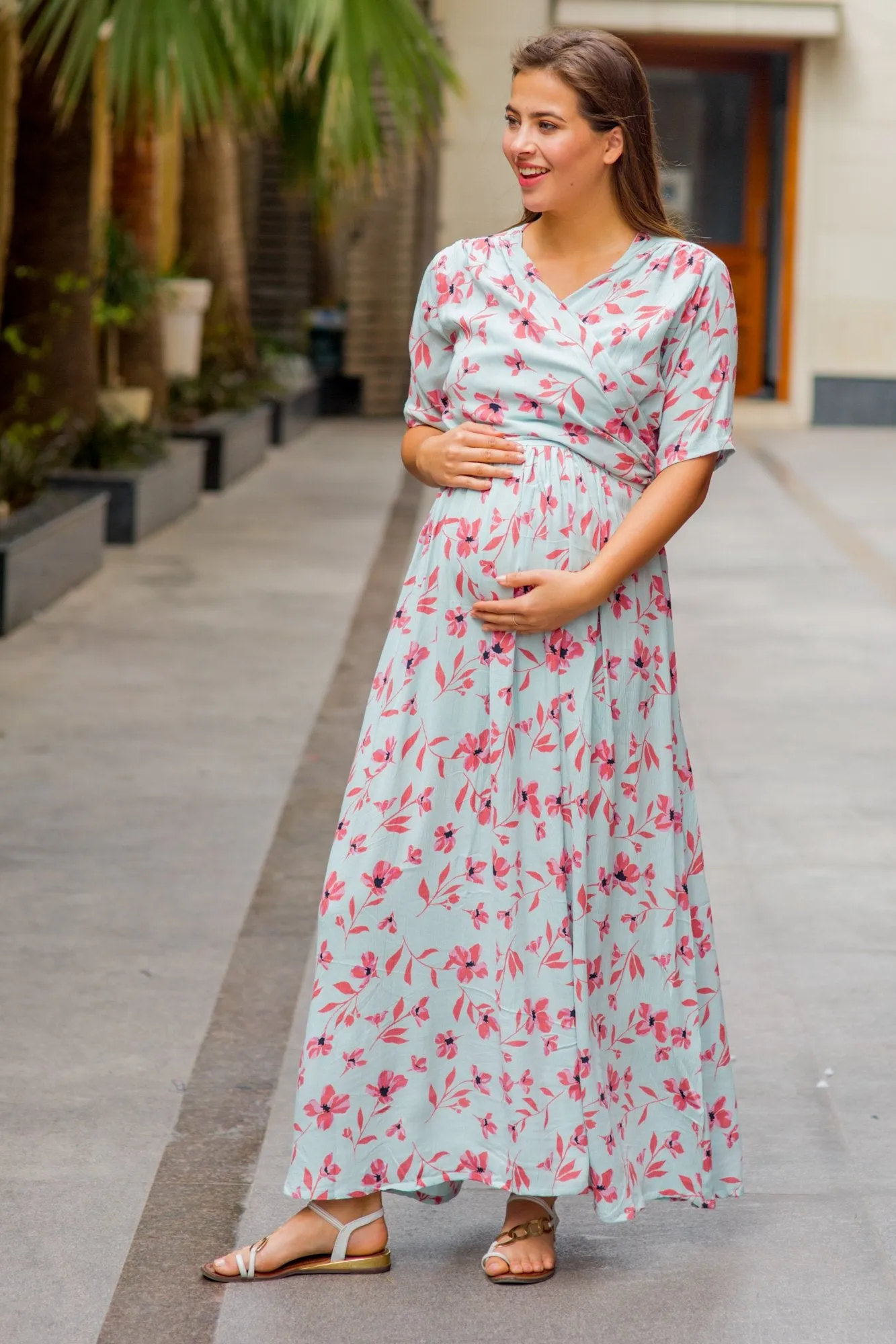 Carolina Blue Pink Floral Maternity & Nursing Wrap Dress