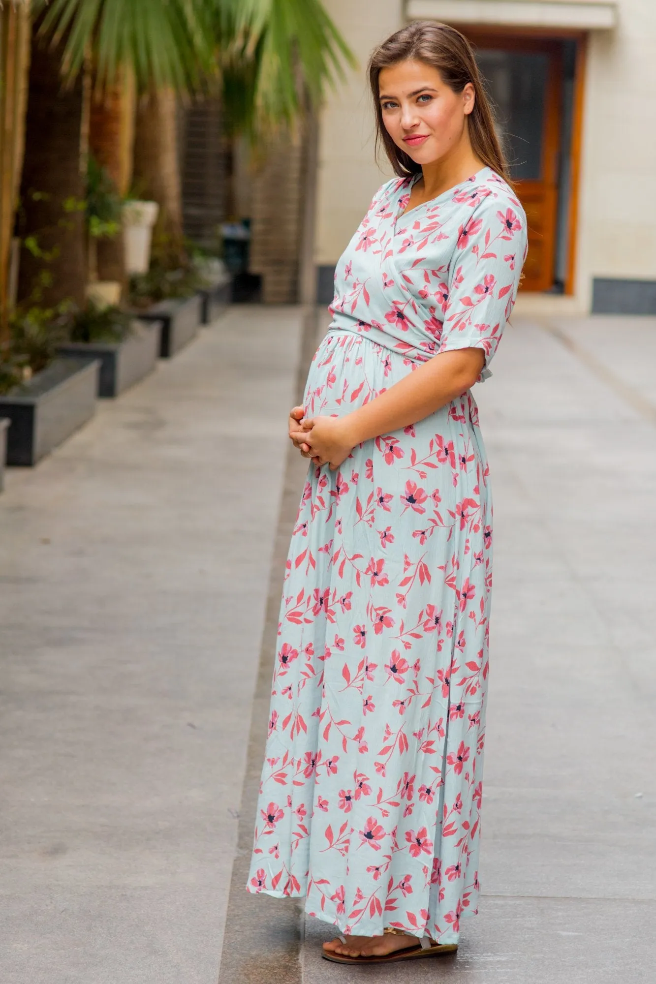 Carolina Blue Pink Floral Maternity & Nursing Wrap Dress