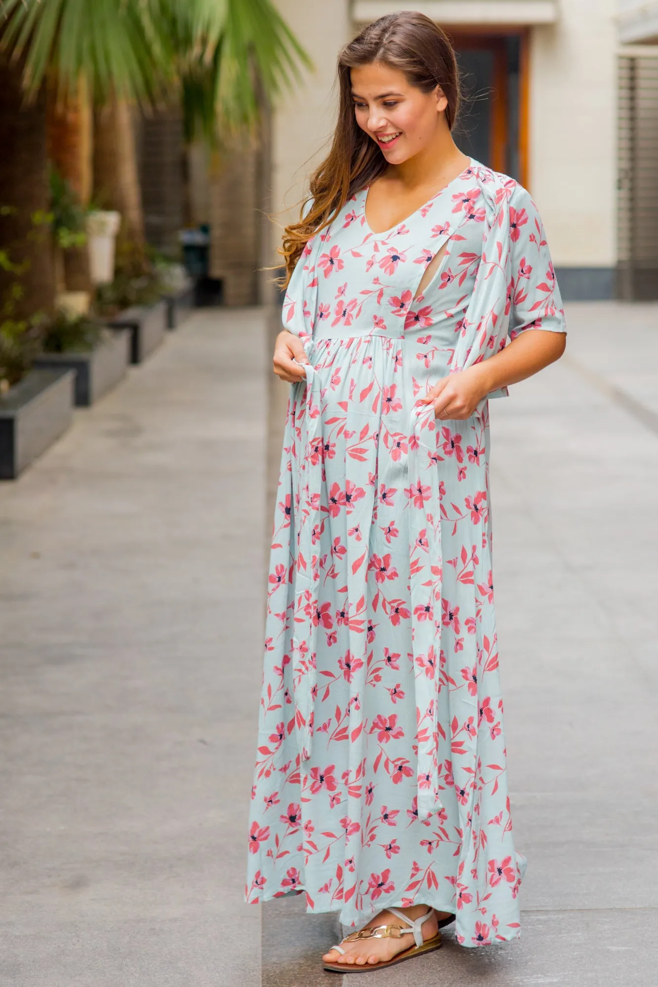 Carolina Blue Pink Floral Maternity & Nursing Wrap Dress