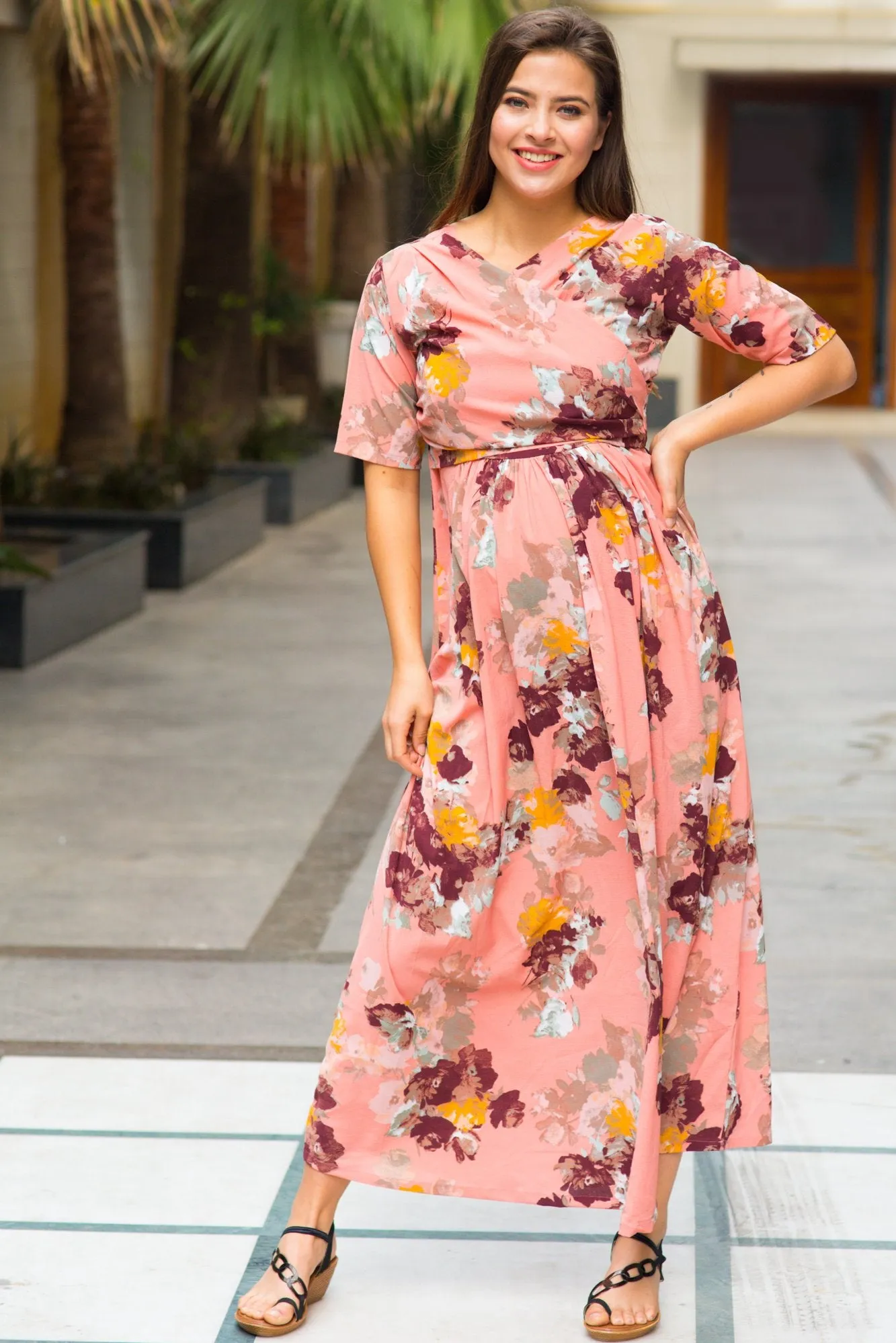 Carolina Peach Floral Maternity & Nursing Wrap Dress