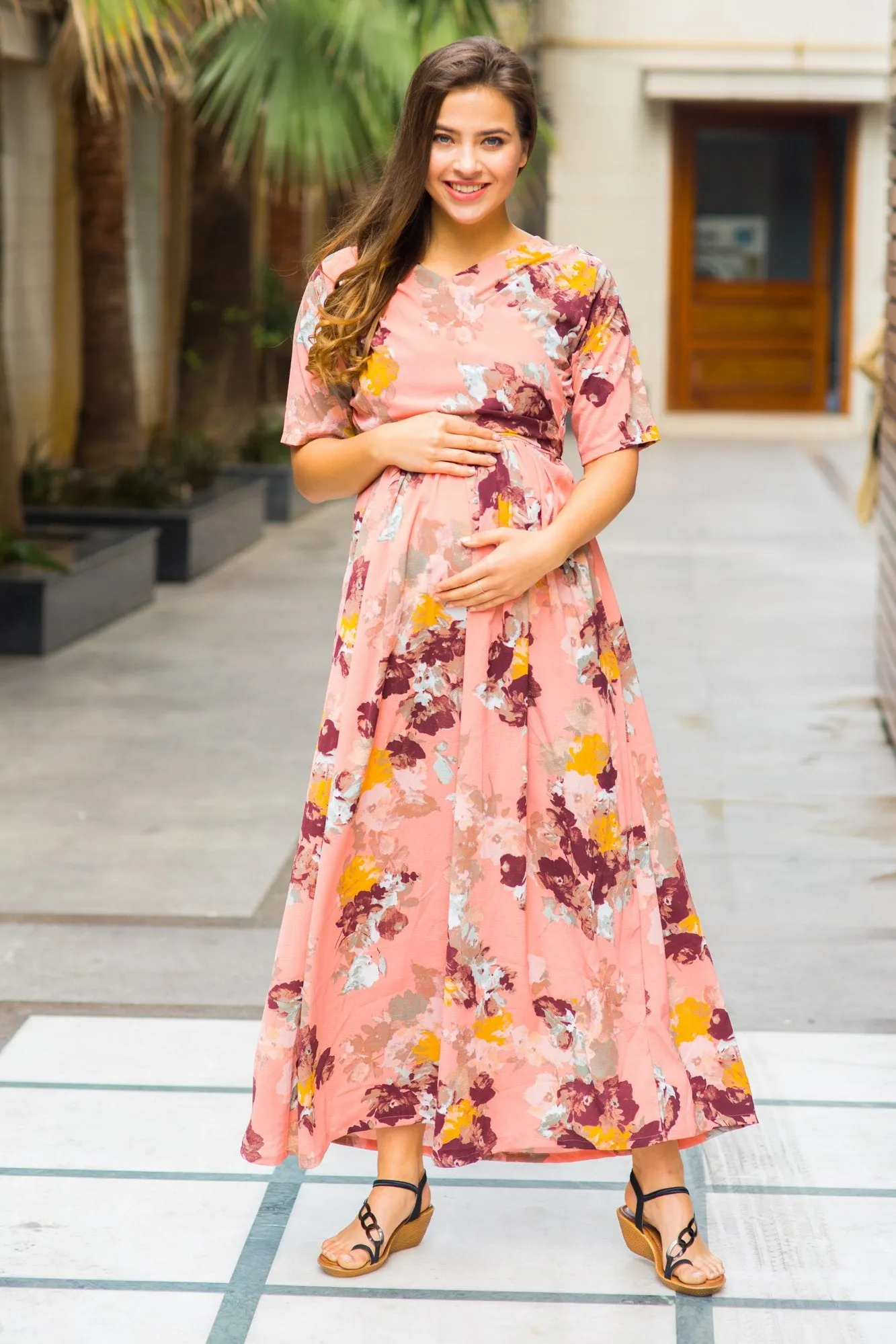 Carolina Peach Floral Maternity & Nursing Wrap Dress