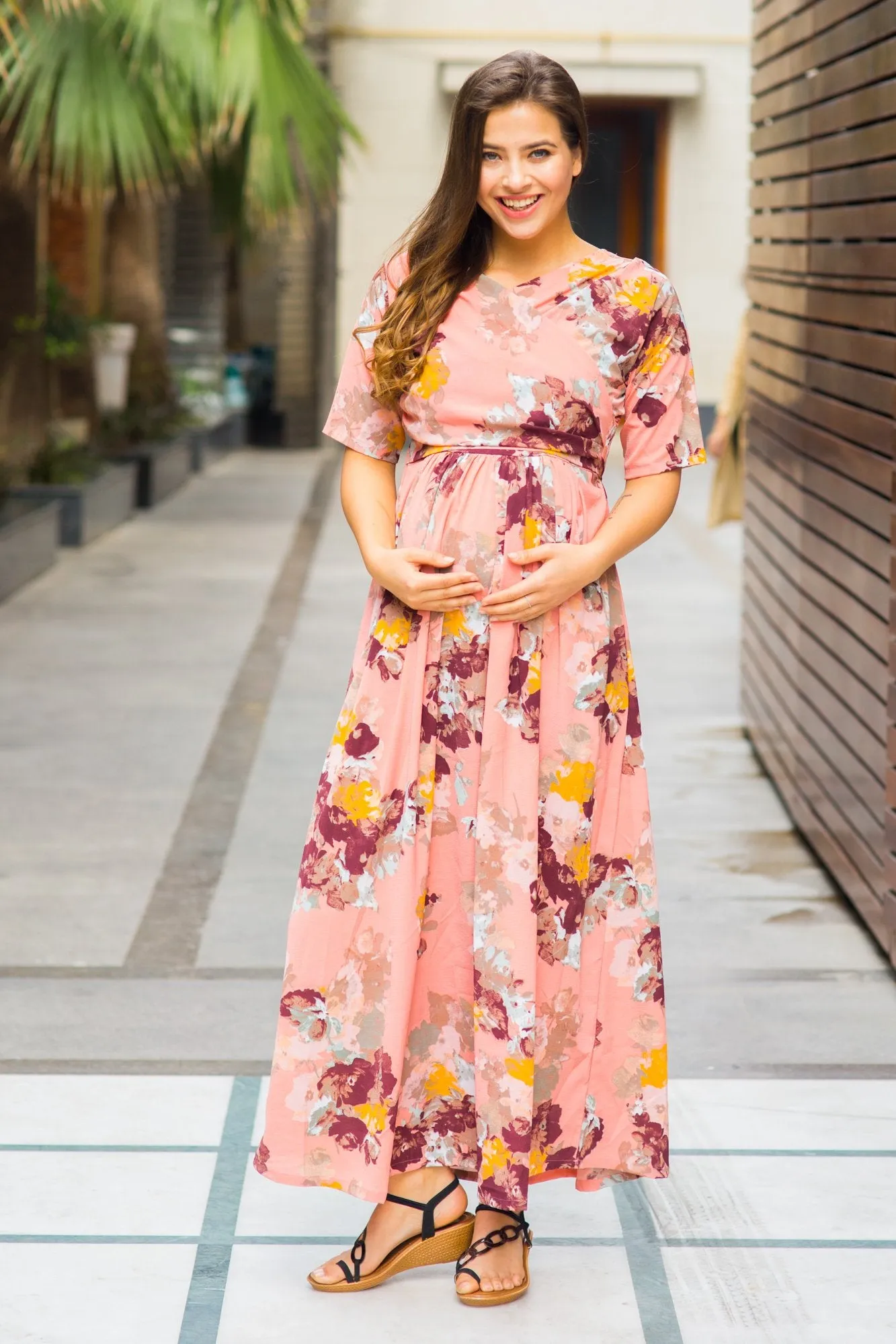 Carolina Peach Floral Maternity & Nursing Wrap Dress