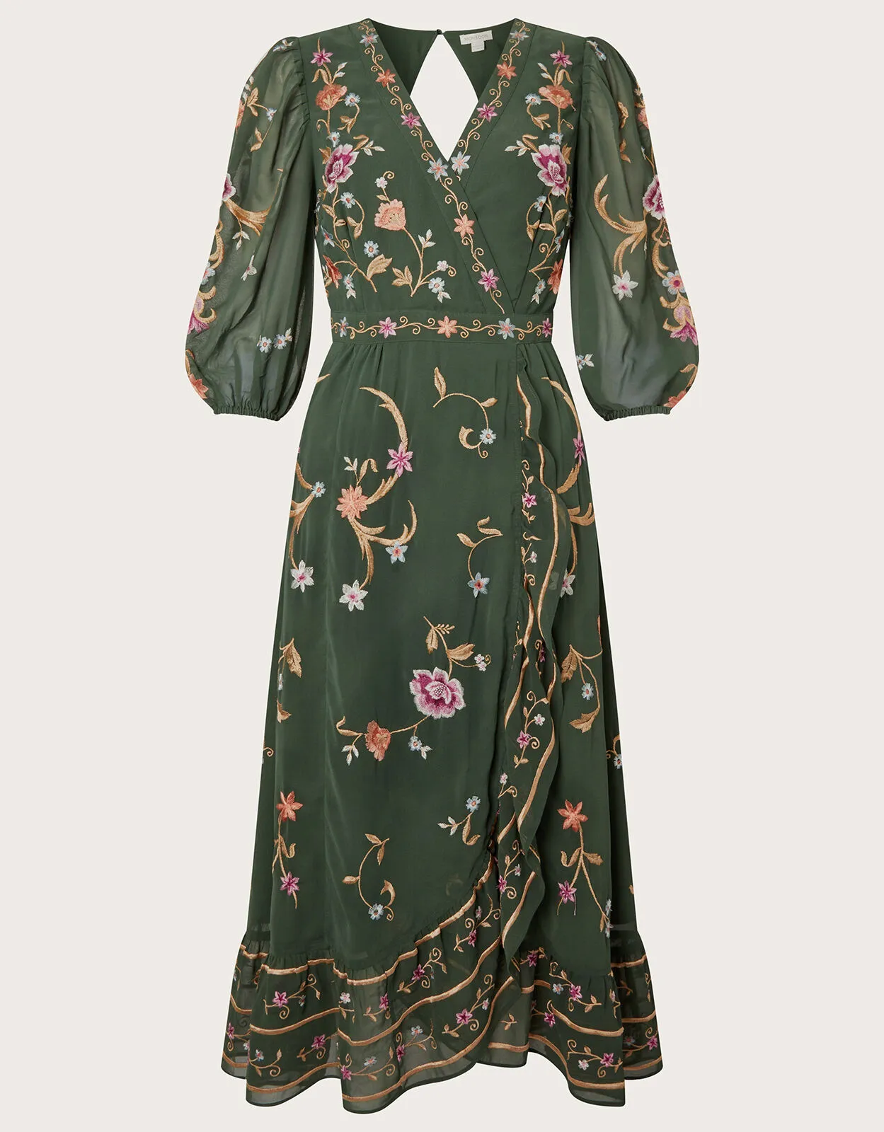 Christel Embroidered Wrap Dress in Recycled Polyester Green