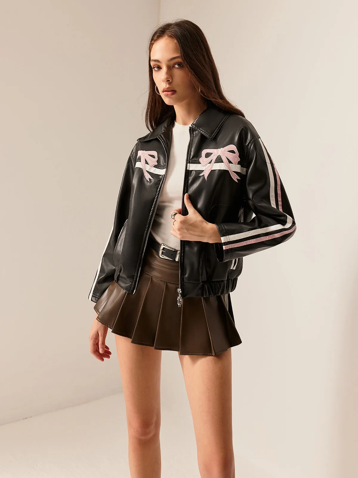 Contrast Pinstripe PU Leather Jacket