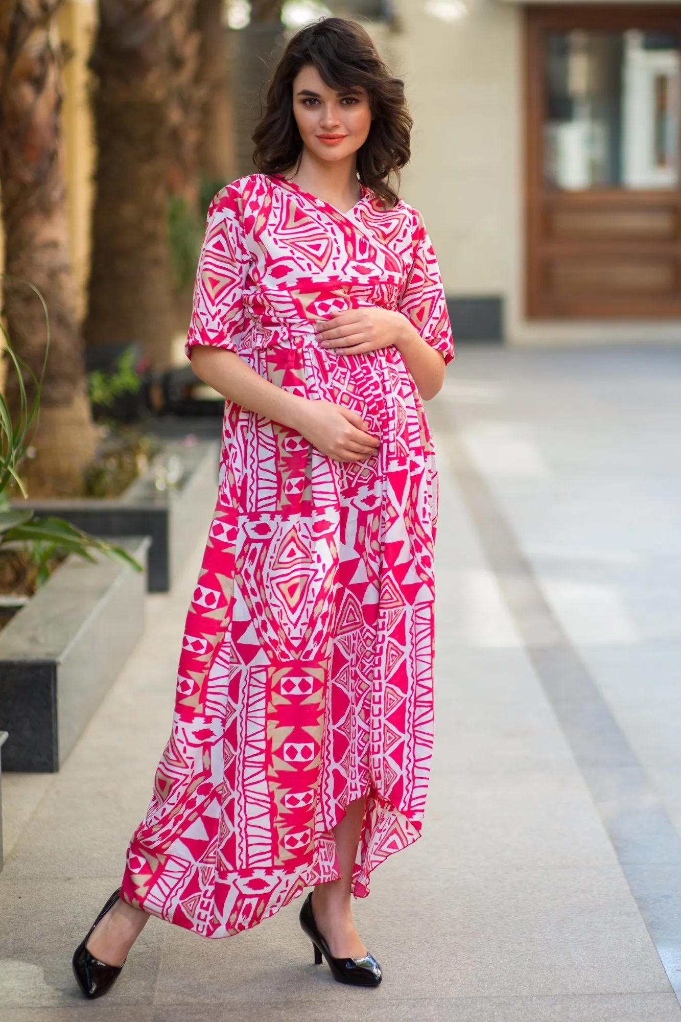 Cosmo Pink Abstract High-Low Maternity & Nursing Wrap Dress