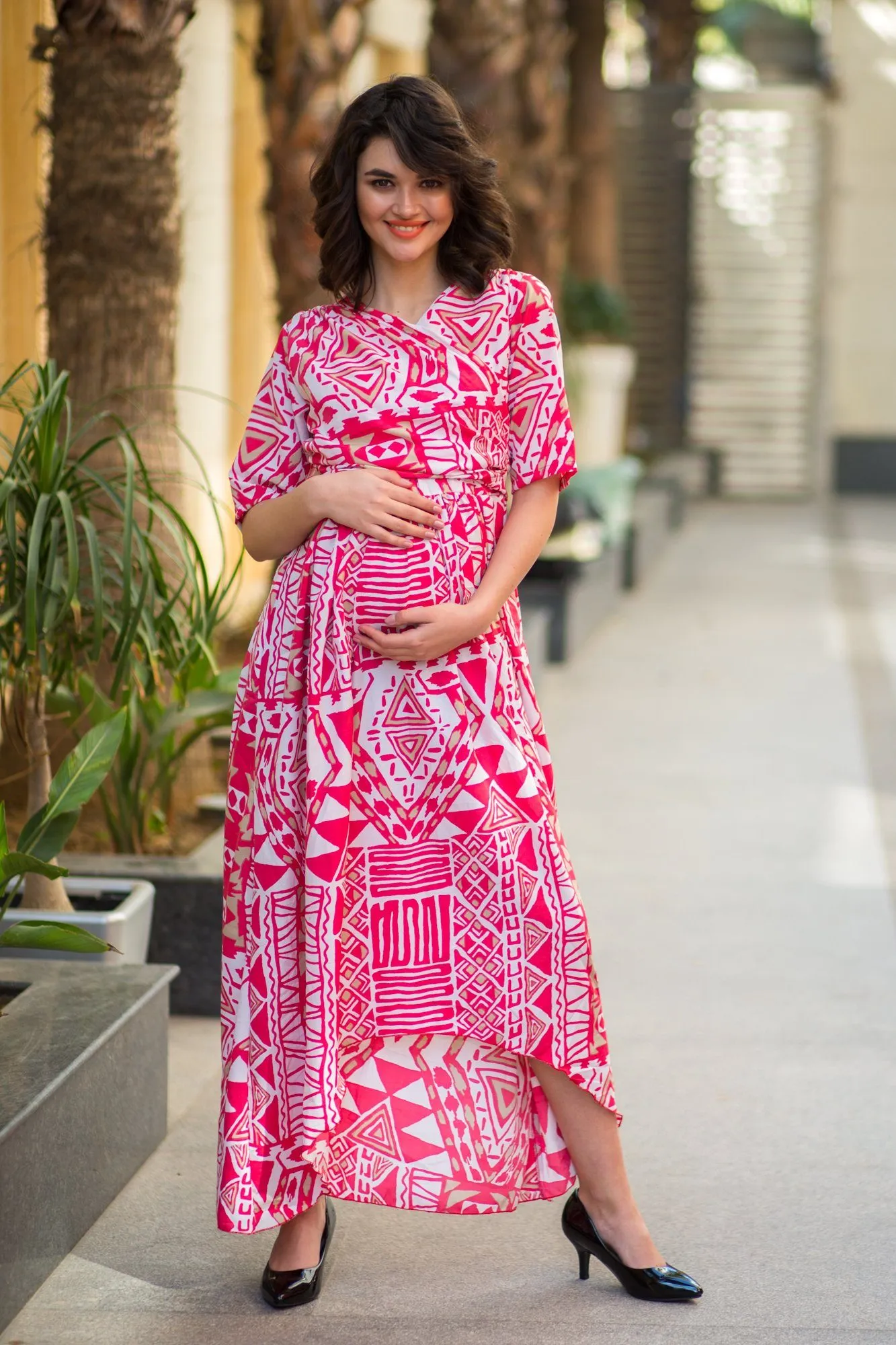 Cosmo Pink Abstract High-Low Maternity & Nursing Wrap Dress