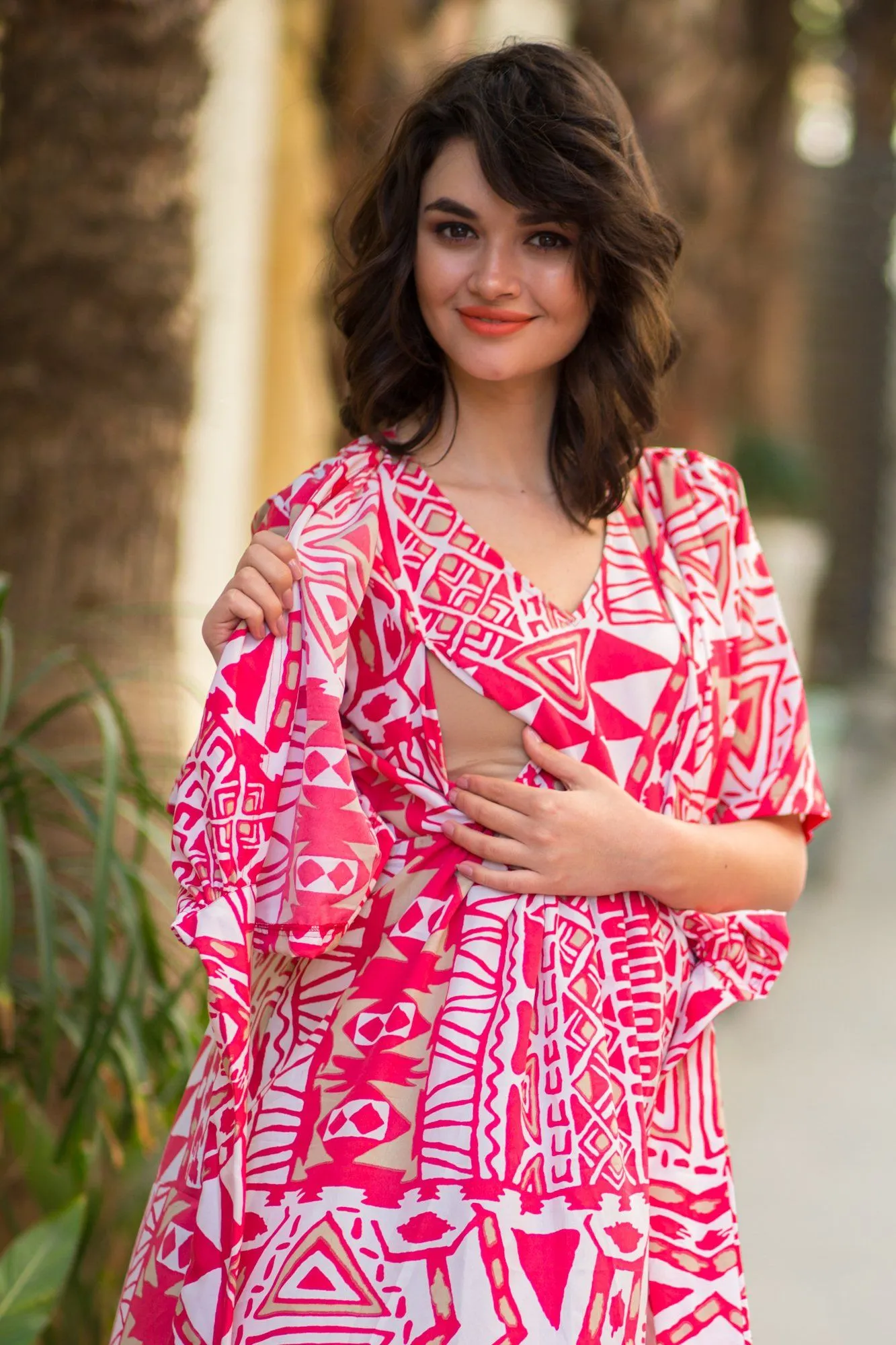 Cosmo Pink Abstract High-Low Maternity & Nursing Wrap Dress