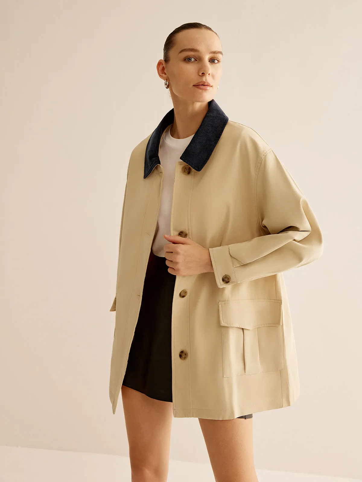 Cotton Contrast Collar Button Jacket