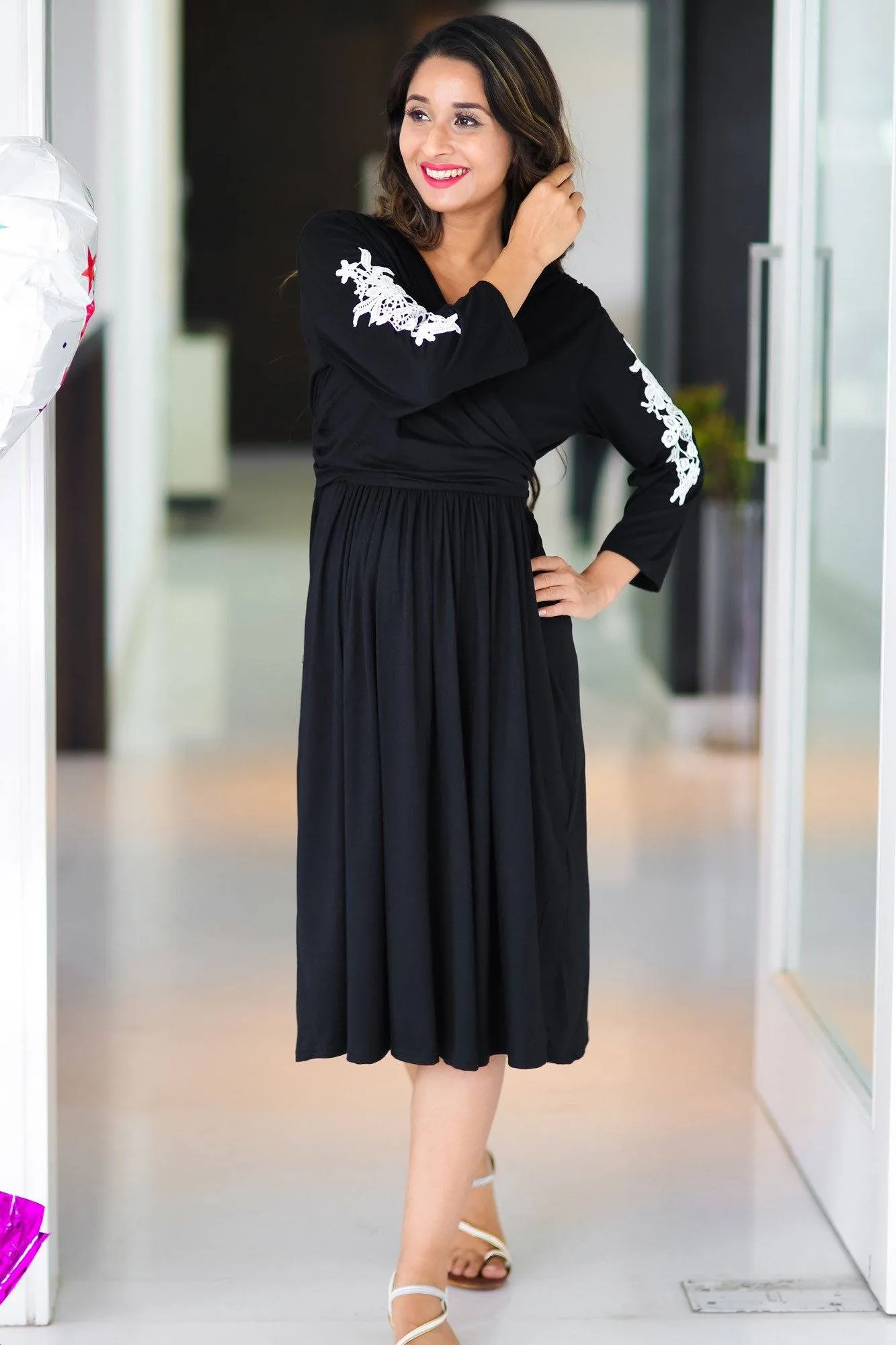 Crochet Black Wrap Tie Maternity & Nursing Dress