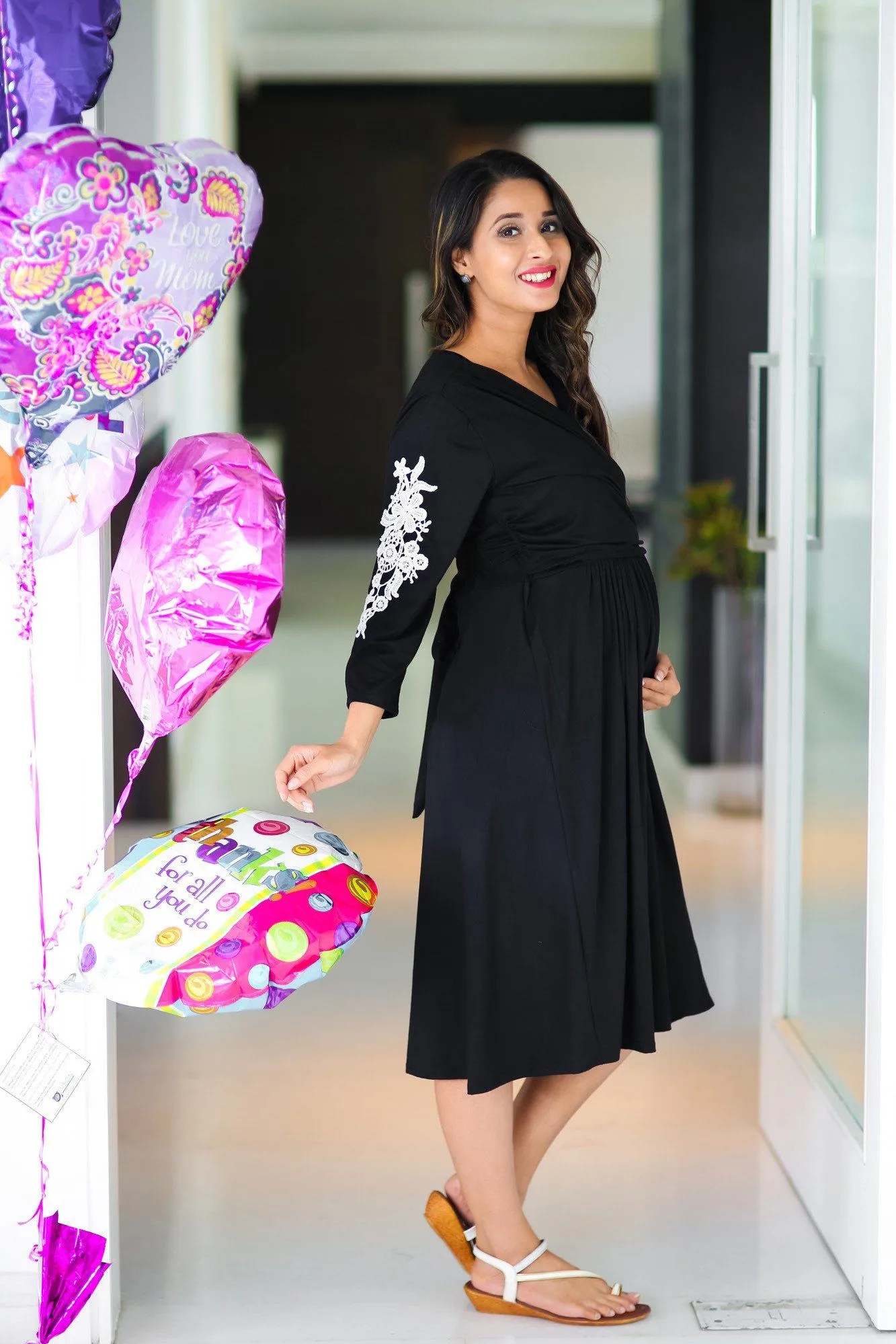 Crochet Black Wrap Tie Maternity & Nursing Dress