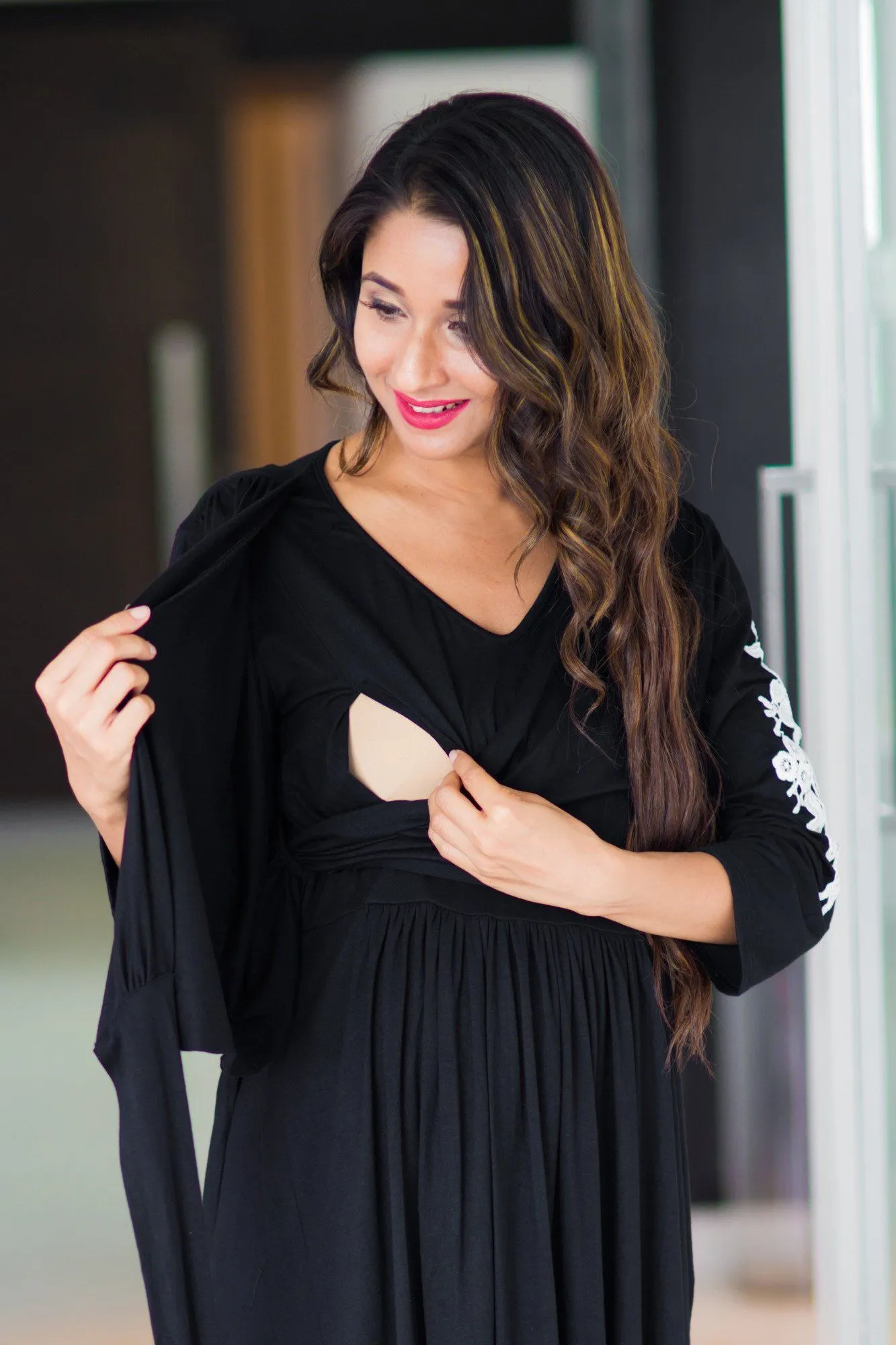 Crochet Black Wrap Tie Maternity & Nursing Dress